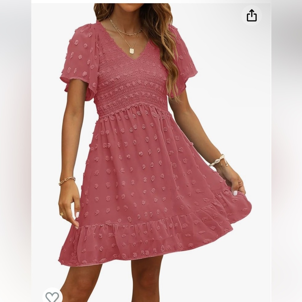 TECREW Womens Smocked Short Sleeve V Neck Mini Dress Summer Swiss Dot Flowy